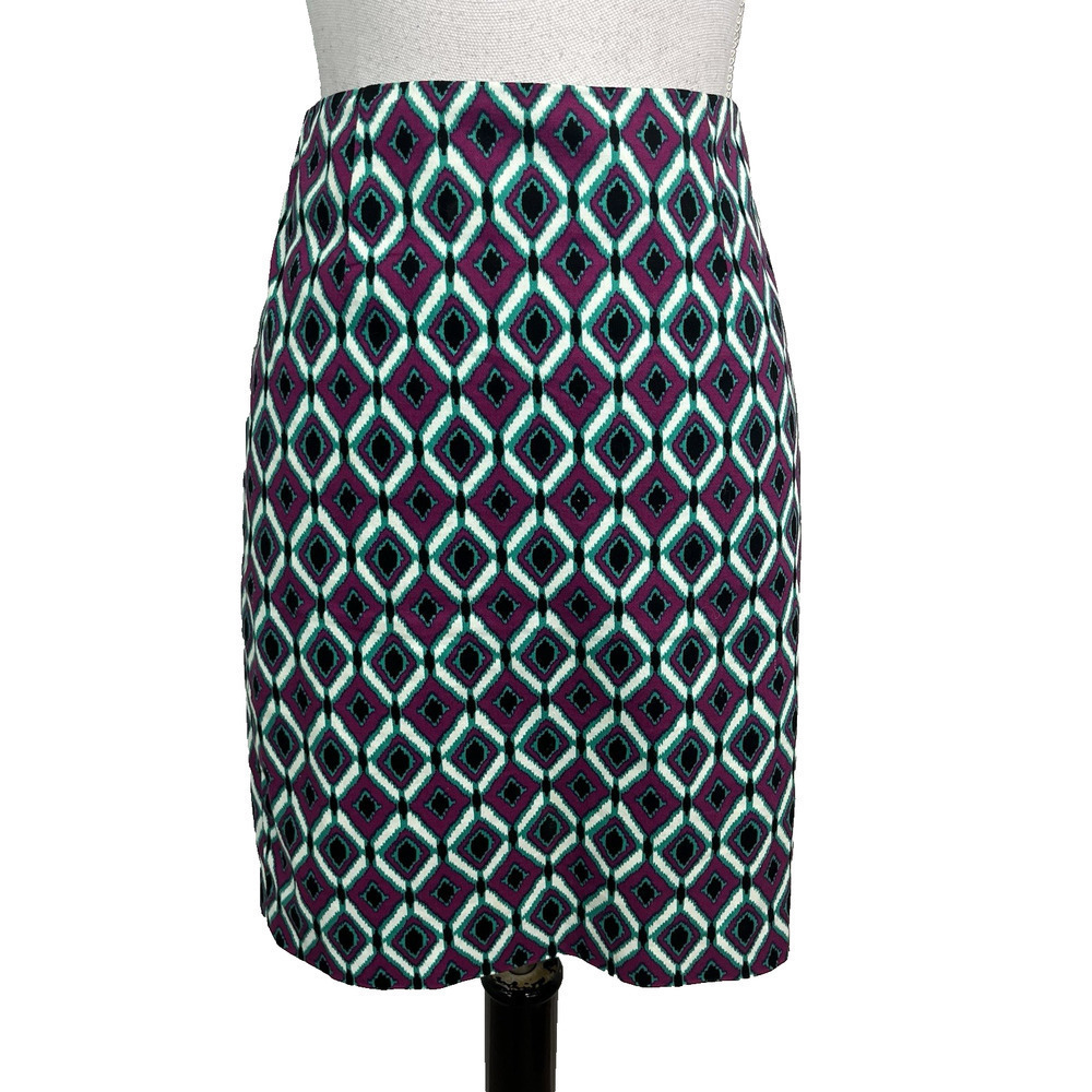 Willi Smith Skirt size 2 Purple Green Diamonds Straight Pencil Stretch Knee